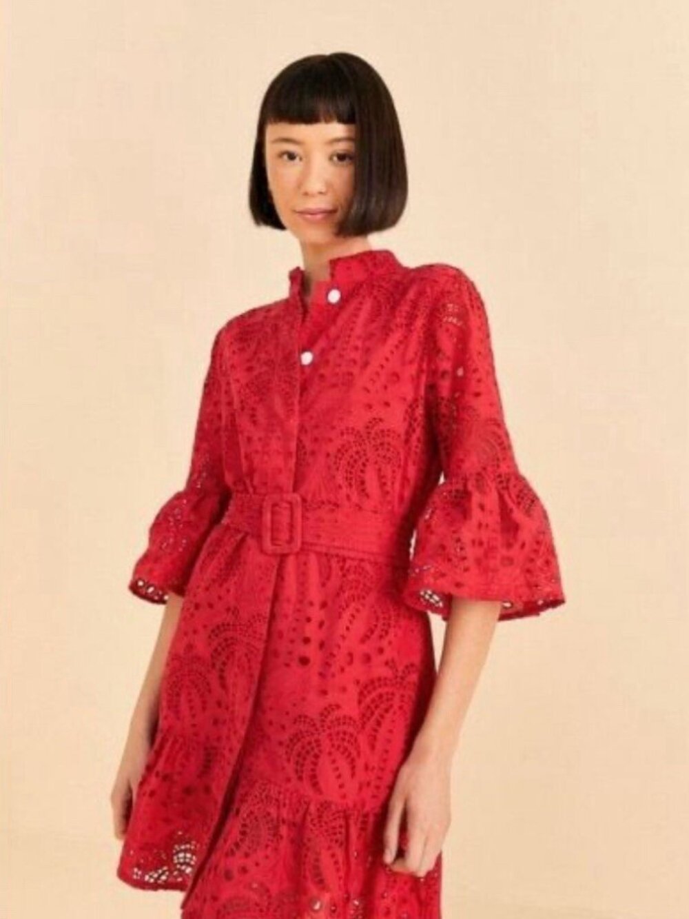 Farm Rio Red Palm Mini Eyelet Lace Dress